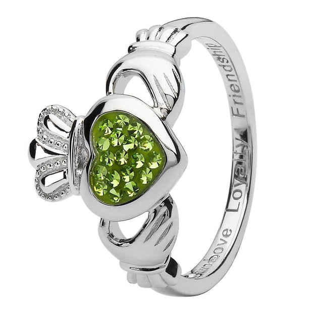 Ladies Silver Peridot Swarovski Crystal Claddagh Ring SL-SW86 - Uctuk