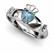 Aqua Marine White Gold Claddagh Ring <font color="#FF0000"> IN STOCK!  Ships in 48 Hours!</font> - Uctuk