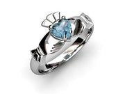 Aqua Marine White Gold Claddagh Ring <font color="#FF0000"> IN STOCK!  Ships in 48 Hours!</font> - Uctuk