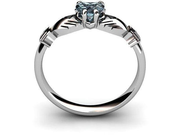 Aqua Marine White Gold Claddagh Ring <font color="#FF0000"> IN STOCK!  Ships in 48 Hours!</font> - Uctuk
