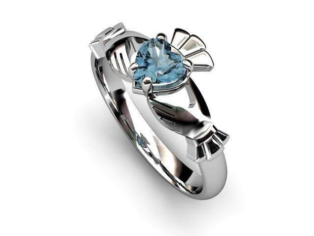 Aqua Marine White Gold Claddagh Ring <font color="#FF0000"> IN STOCK!  Ships in 48 Hours!</font> - Uctuk