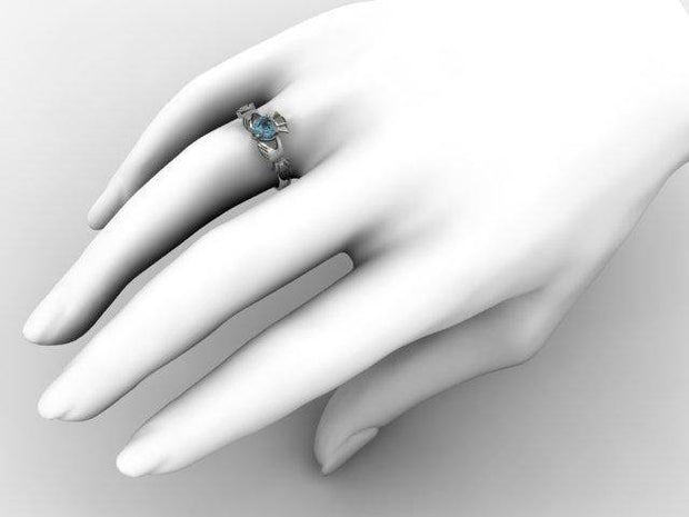 Aqua Marine White Gold Claddagh Ring <font color="#FF0000"> IN STOCK!  Ships in 48 Hours!</font> - Uctuk