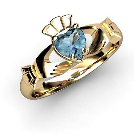 Aqua Marine Gold Claddagh Ring <font color="#FF0000"> IN STOCK!  Ships in 48 Hours!</font> - Uctuk