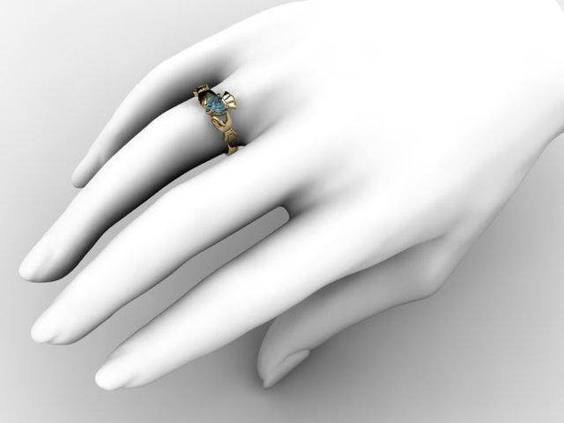 Aqua Marine Gold Claddagh Ring <font color="#FF0000"> IN STOCK!  Ships in 48 Hours!</font> - Uctuk