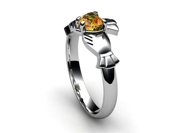 CITRINE 14K WHITE Gold Claddagh Ring <font color="#FF0000"> IN STOCK!  Ships in 48 Hours!</font> - Uctuk