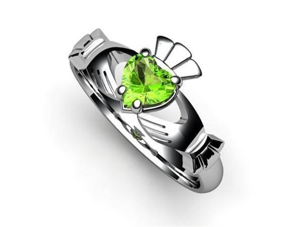 PERIDOT 14K White Gold Claddagh Ring <font color="#FF0000"> IN STOCK!  Ships in 48 Hours!</font> - Uctuk