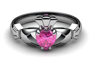 PINK SAPPHIRE 14K WHITE Gold Claddagh Ring <font color="#FF0000"> IN STOCK!  Ships in 48 Hours!</font> - Uctuk