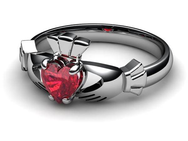 RUBY 14K WHITE Gold Claddagh Ring <font color="#FF0000"> IN STOCK!  Ships in 48 Hours!</font> - Uctuk