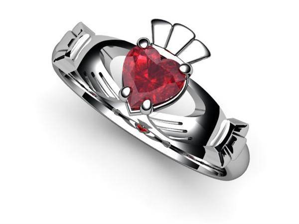 RUBY 14K WHITE Gold Claddagh Ring <font color="#FF0000"> IN STOCK!  Ships in 48 Hours!</font> - Uctuk