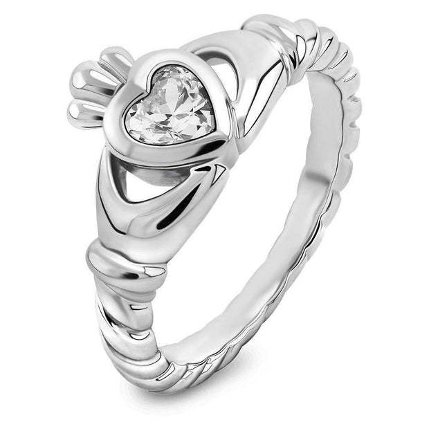 Sterling Silver Twisted Shank White CZ ULS-16424CZ Claddagh Ring - Uctuk