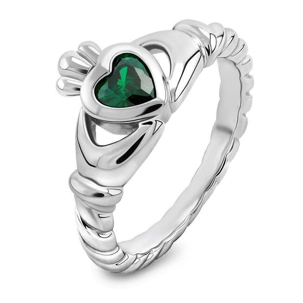Sterling Silver Twisted Shank Green CZ ULS-16424GR Claddagh Ring - Uctuk