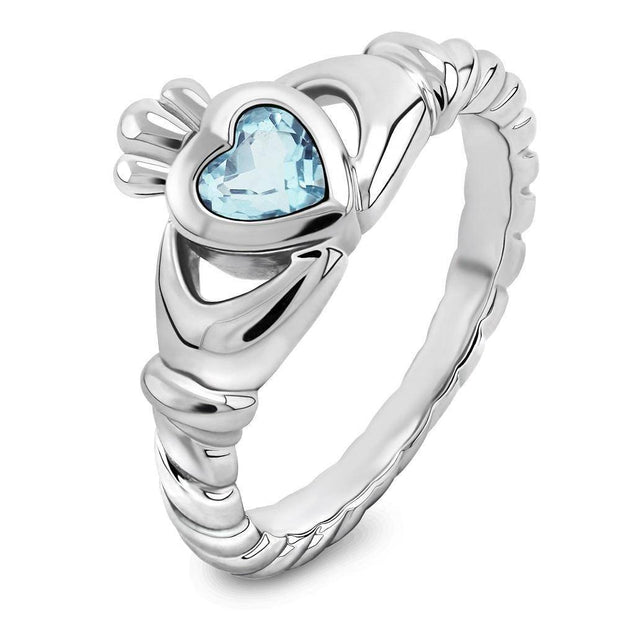 Sterling Silver Twisted Shank Sky Blue CZ ULS-16424SB Claddagh Ring - Uctuk