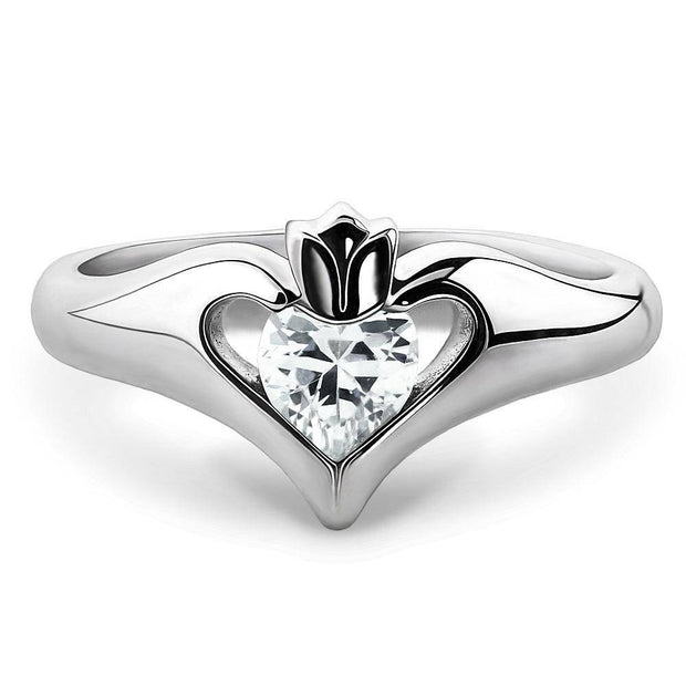 Sterling Silver White CZ ULS-16434CZ Ladies Modern Claddagh Ring - Uctuk