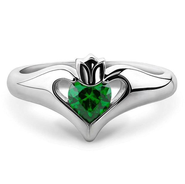 Sterling Silver Green CZ ULS-16434GR Ladies Modern Claddagh Ring - Uctuk