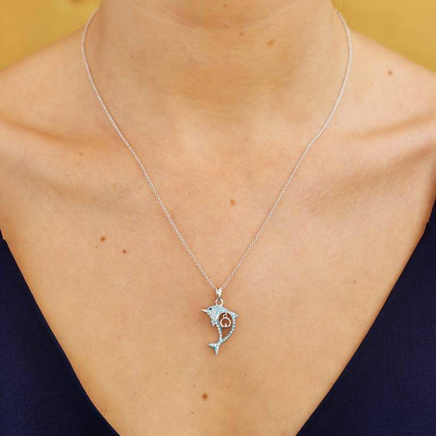 Sterling Silver Dolphin Pendant with Aqua Swarovski Crystals and Claddagh with Chain - OC51 - Uctuk