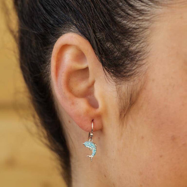 Sterling Silver Dolphin Dangle Earrings with Aqua Swarovski Crystals - OC123 - Uctuk
