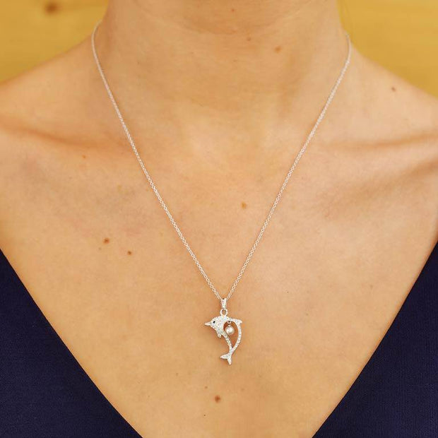 Sterling Silver Dolphin Pendant with White Swarovski Crystals and Pearl with Chain - OC19 - Uctuk