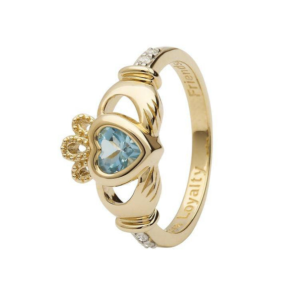 14K Gold Claddagh March Birthstone Ring Genuine Aquamarine and Diamonds - 14L90AQ - Uctuk