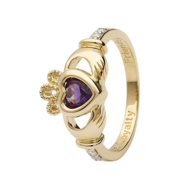 14K Gold Claddagh February Birthstone Ring Genuine Amethyst and Diamonds - 14L90AY - Uctuk