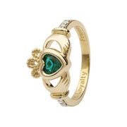 14K Gold Claddagh May Birthstone Ring Emerald and Diamonds - 14L90E - Uctuk