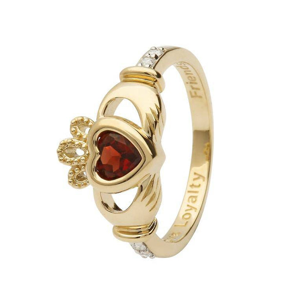 14K Gold Claddagh January Birthstone Ring Genuine Garnet and Diamonds - 14L90G - Uctuk