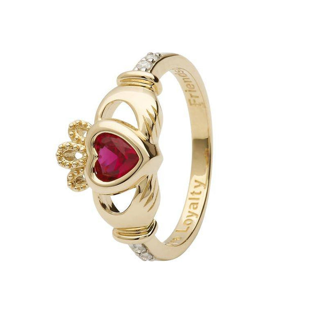 14K Gold Claddagh July Birthstone Ring Ruby and Diamonds - 14L90R - Uctuk