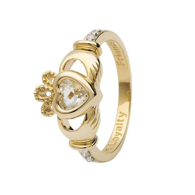 14K Gold Claddagh April Birthstone Ring Genuine White Topaz and Diamonds - 14L90WT - Uctuk