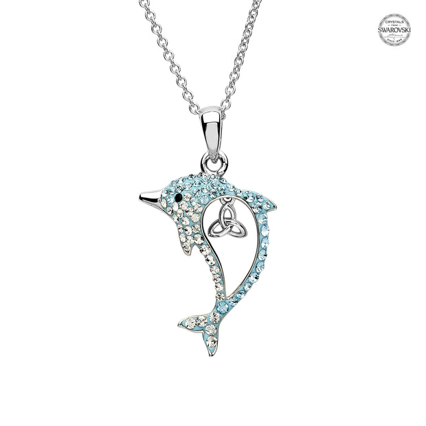 Sterling Silver Dolphin Pendant with Aqua Swarovski Crystals and Trinity with Chain - OC50 - Uctuk