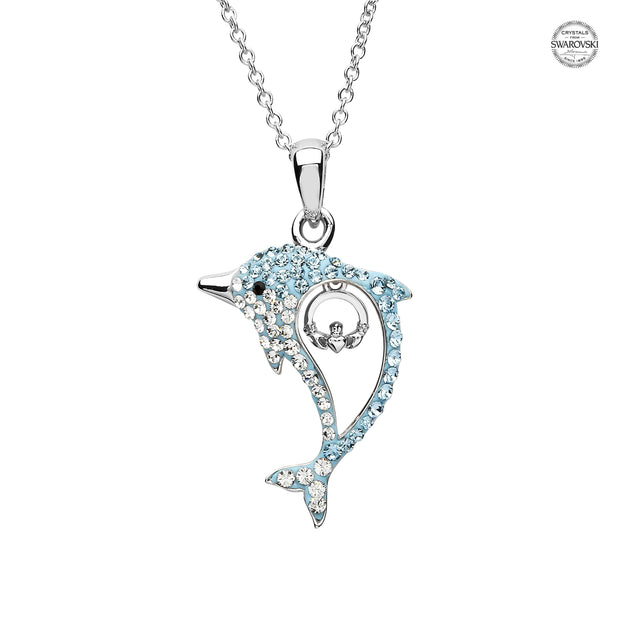 Sterling Silver Dolphin Pendant with Aqua Swarovski Crystals and Claddagh with Chain - OC51 - Uctuk