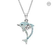 Sterling Silver Dolphin Pendant with Aqua Swarovski Crystals and Shamrock with Chain - OC52 - Uctuk