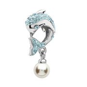 Sterling Silver Dolphin Bead with Aqua Swarovski Crystals and Dangle Pearl - OC59 - Uctuk