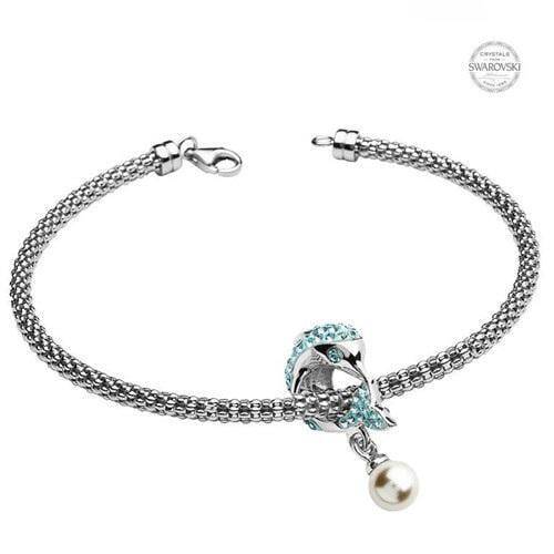 Sterling Silver Dolphin Bead with Aqua Swarovski Crystals and Dangle Pearl - OC59 - Uctuk