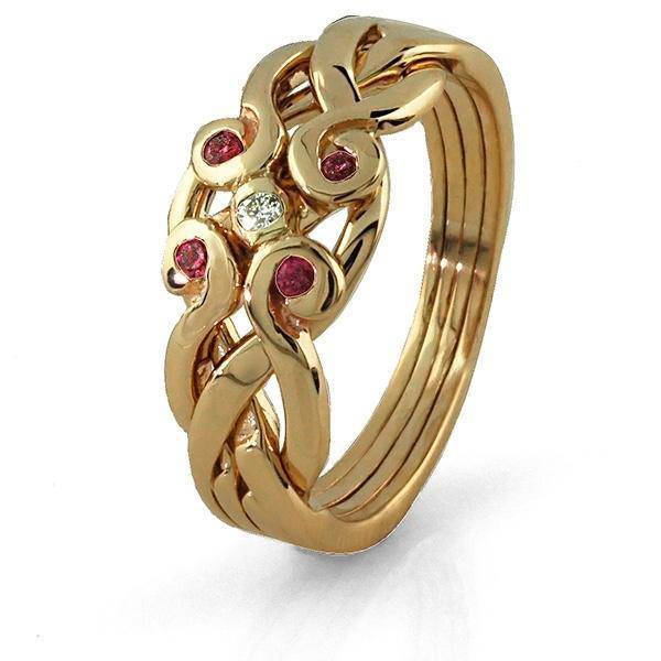 14K Yellow 4 Band Ruby Diamond Celtic Puzzle Ring 4ANG-RD - Uctuk