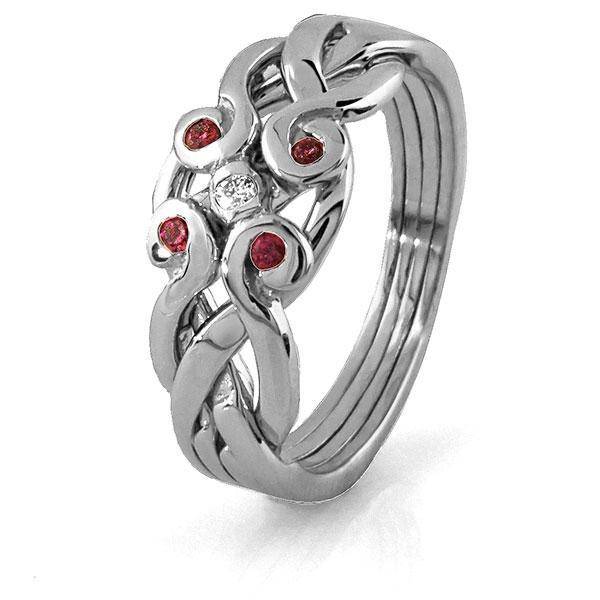 14K White Gold 4 Band Ruby Diamond Celtic White Gold Puzzle Ring 4ANG-RDW - Uctuk