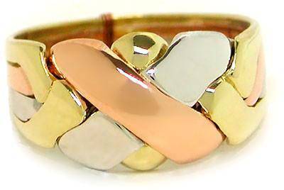 14K Tri Gold 4 Band LARGE X Puzzle Ring 4BX3 - Uctuk