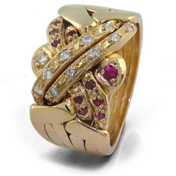 14K Gold 6 Band Diamond and Ruby Puzzle Ring 6BSENA2 - Uctuk