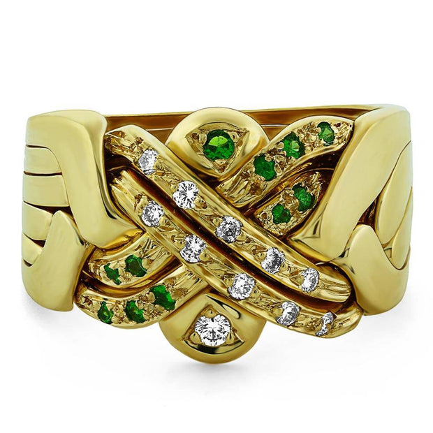 14K Gold 6 Band Diamond and Green Garnet Puzzle Ring 6BSENAGR - Uctuk