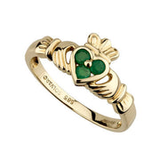 14K Gold 3 Stone Emerald Heart Claddagh Ring - S2466/S2621 - Claddagh Ring