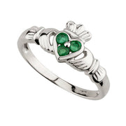 14K Gold 3 Stone Emerald Heart Claddagh Ring - S2466/S2621 - Claddagh Ring