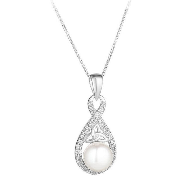 Sterling Silver Crystal and Pearl Trinity Pendant with Chain - S46918 - Claddagh Ring