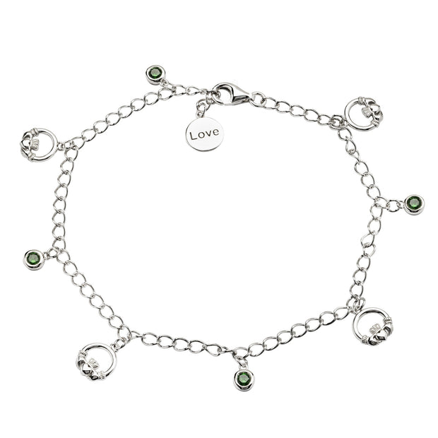 Sterling Silver "Love" Claddagh Bracelet with Four Green CZ Stones SB2109 - Claddagh Ring