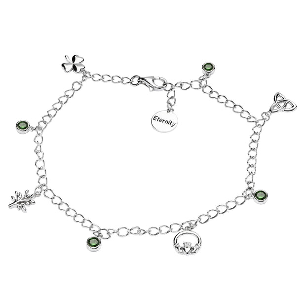 Sterling Silver "Eternity" Irish Symbol Bracelet with Four Green CZ Stones SB2115 - Claddagh Ring