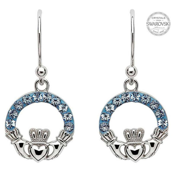 Sterling Silver Claddagh Earrings Adorned By Light Sapphire Swarovski Crystals SW5 - Uctuk