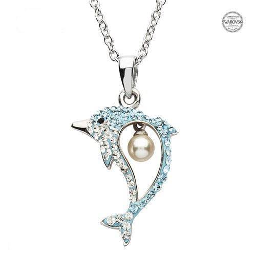 Sterling Silver Dolphin Pendant with Aqua Swarovski Crystals and Pearl with Chain - OC20 - Uctuk