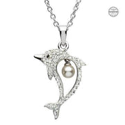Sterling Silver Dolphin Pendant with White Swarovski Crystals and Pearl with Chain - OC19 - Uctuk