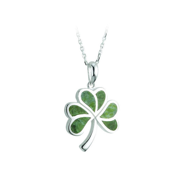 Sterling Silver Connemara Marble Shamrock Pendant with Chain - S44702 - Claddagh Ring