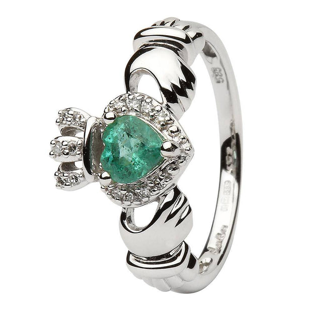 Ladies 14K White Gold Claddagh Ring with Emerald and Diamonds - SL-14L82EW - Uctuk