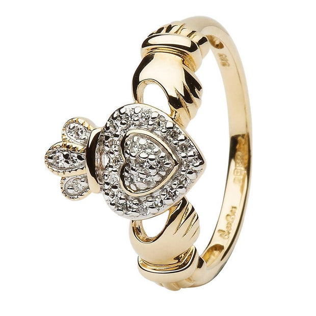 Ladies 14K Yellow Gold Claddagh Ring Encrusted With Diamonds - SL-14L83 - Uctuk