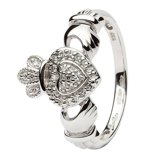 Ladies 14K White Gold Claddagh Ring Encrusted With Diamonds - SL-14L83W - Uctuk